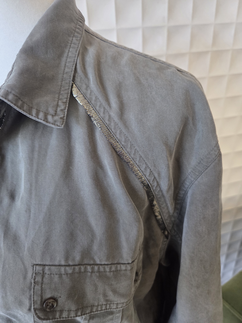 Free People Off Campus Button-Down Shirt Olive Green Metallic Trim - Picture 6 of 11